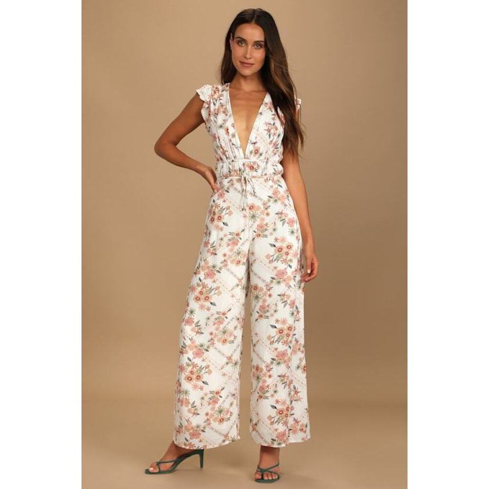Lulus Bound To Blossom White Floral Print Tie-back Wide-leg Jumpsuit - Size S